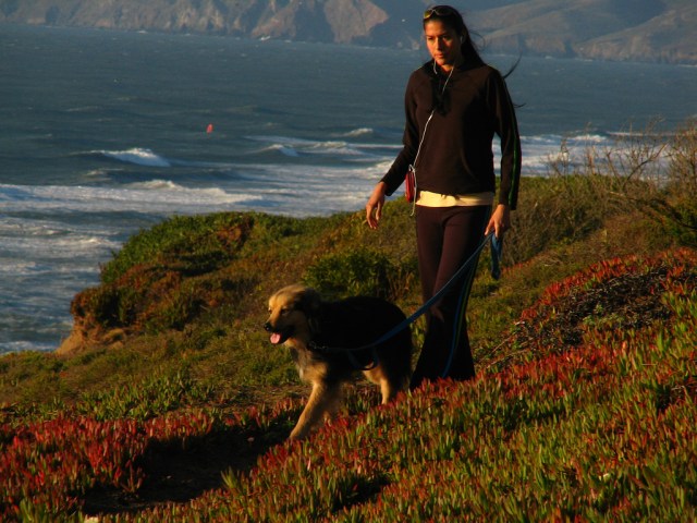 woman walking dog